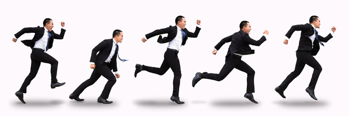 young business man running and isolated on white