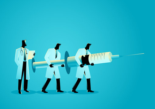 Team Of Doctors Carrying Giant Needle. Anesthesiology Concept