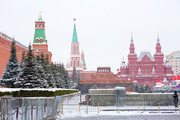 Moscow, Russia, Winter on red square. Kremlin. In the new year holidays on Red Square in Moscow established Christmas trees, carousels.