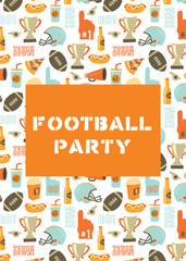 American Football party invitation card. Helmet, trophy, beer, foam finger, fast food, go and touch down lettering background. Vintage style vector design for tailgate party, super bowl, flyer, decor.