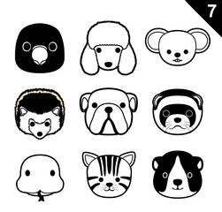 Flat Animal Faces Monochrome Icon Cartoon Vector Set 7 (Pet)