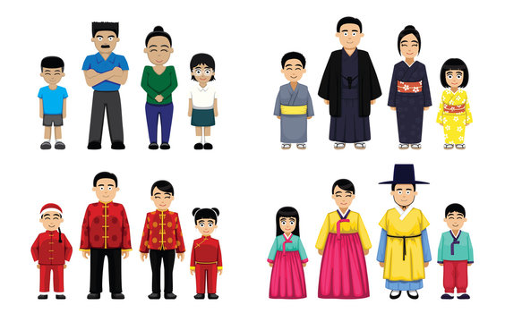 Asian Families Set Cartoon Vector Illustration
