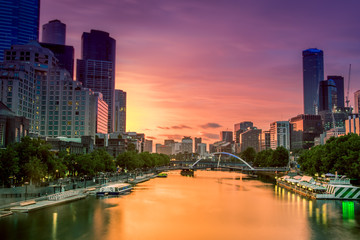 Beautiful sunset along the Yarra River in Melbourne city.