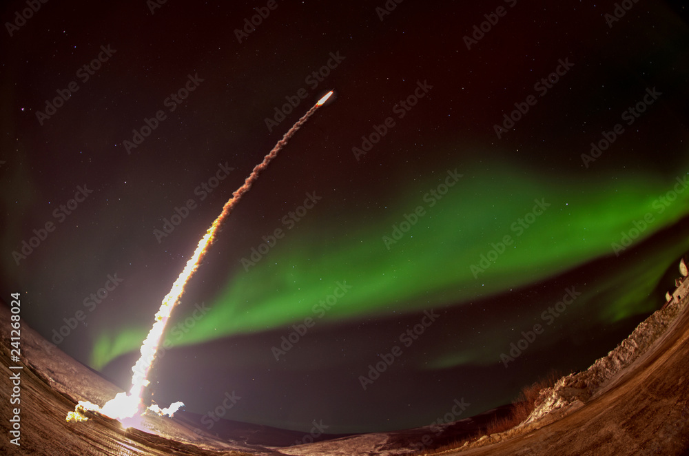 Poster missile launch at night with aurora polaris. fish eye lens. the elements of this image furnished by 