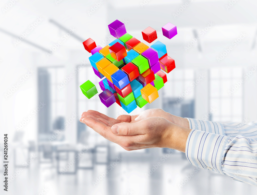Poster concept of technology integration and innovation presented by cube figure. mixed media