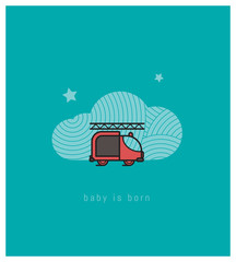 faire-part de naissance, carte pour célébrer l'arrivée d'un bébé, étoile, bleu, nuage, pompier, camion