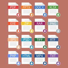   The idea of downloading documents of popular formats. A set of different popular file formats. Modern vector illustration in a flat style.
