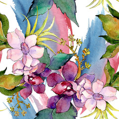 Pink and purple floral botanical flower bouquet. Watercolor illustration set. Seamless background pattern.