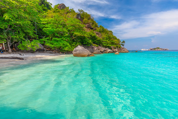 Obraz premium Similan Islands Beautiful tropical sandy beach and lush green foliage on a tropical island ,thailand