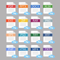   The idea of downloading documents of popular formats. A set of different popular file formats. Modern vector illustration in a flat style.