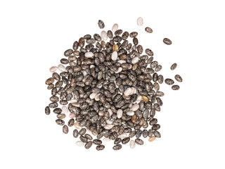 Small pile of chia seeds seen from above and isolated on white background