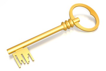3D golden key on white background