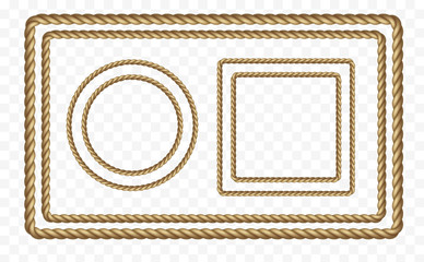 Rope frame set isolated on transparent background. Vector realistic texture string, jute, thread or cord borders pattern. © Kindlena