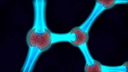 3D illustration of blue ball fragment, molecular structure, luminous graphene, carbon molecule, three-dimensional grid. The idea of nanotechnology development. 3D rendering, dark background.