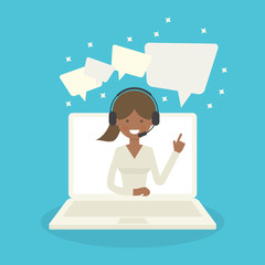 Smiling black operator on computer screen with headphones and microphone