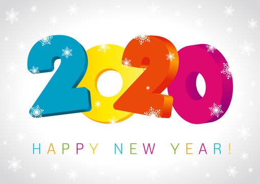 Happy New Year 2020 numbers 3D design greeting card. Merry christmas vector illustration with colorful 20 & 20 digits and snowflakes