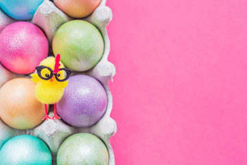 Multicolored easter eggs in a box with cute yellow chick. Top view on pink background.
