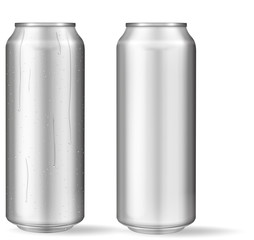 Realistic aluminum can with water drops. Metallic cans for beer, soda, lemonade, juice, energy drink. Vector mockup, blank with copy space.