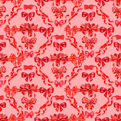 Watercolor bows, hand drawn red ribbons isolated on pink background, seamless pattern, decorative painting illustration for design greeting card, wedding invitation, packaging, advertising holiday