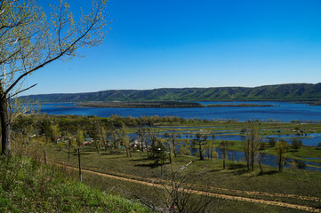 river, mountains, trees, grass, spring, sky, nature, landscape