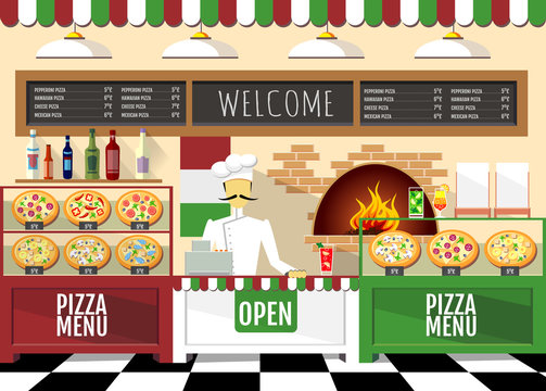 Flat style pizzeria interior