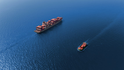 Aerial view container ship at the sea full load container for  logistics import export, shipping or transportation.