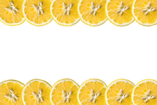 Citrus lemon fruits on white background. Lemon slices on bottom and top of the image. Empty space for text. Citrus fruit background