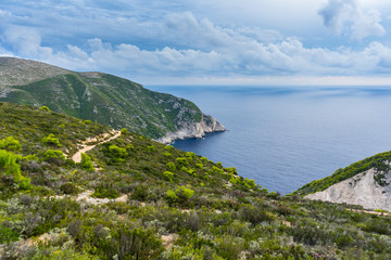 Fototapeta na wymiar Greece, Zakynthos, Hiking trails along abrupt cliffs with breathtaking view over the ocean