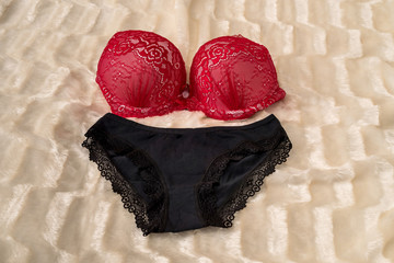 Red bra and black panties on beige cloth