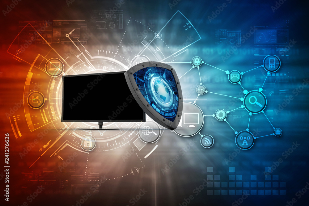 Poster computer with shield. isolated 3d rendering image