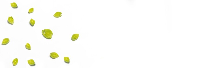 sliced scallions on white background. onion garlic