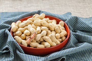 Peanuts in the peel on a beautiful red dish