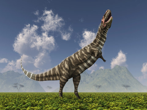 Dinosaurier Rajasaurus in einer Landschaft