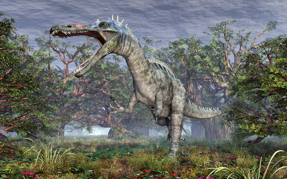 Dinosaur Suchomimus in the forest