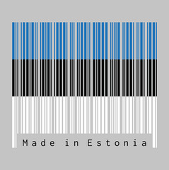 Barcode set the color of Estonia flag, a horizontal triband of blue, black and white. text: Made in Estonia. concept of sale or business.