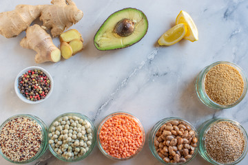 Organic superfood assortment in bowls