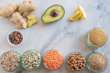 Organic superfood assortment in bowls