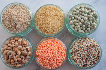 Organic superfood assortment in bowls