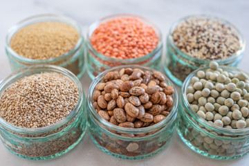 Organic superfood assortment in bowls