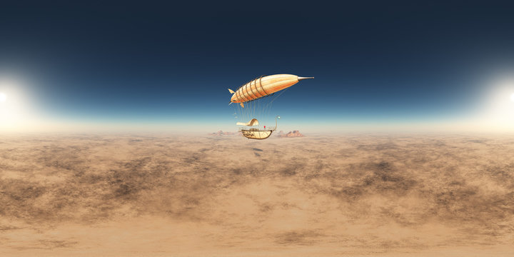 360 Grad Panorama mit einem Fantasie Luftschiff über einer Wüstenlandschaft