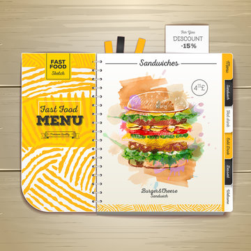 Vintage Watercolor Fast Food Menu. Sandwich Sketch Corporate Identity