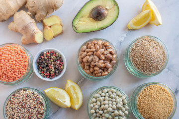 Organic superfood assortment in bowls