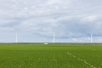 Open grassland with wind farm beside dyke with overcast weather rolling in over a low laying grassland farms.