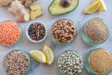 Organic superfood assortment in bowls