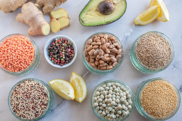 Organic superfood assortment in bowls