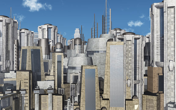 Stadtansicht mit futuristischen Wolkenkratzern