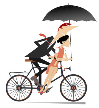 Romantic young couple rides on the bike under the rain isolated illustration. Smiling man and woman ride together on the bike under umbrella and look happy isolated on white illustration
