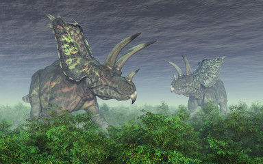 Dinosaur Pentaceratops in a forest