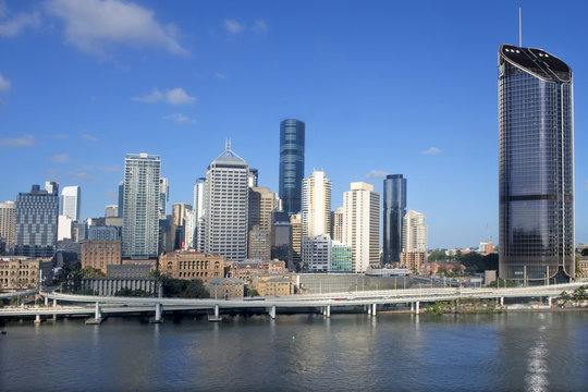 Aerial urban landscape view of Brisbane city downtown skyline