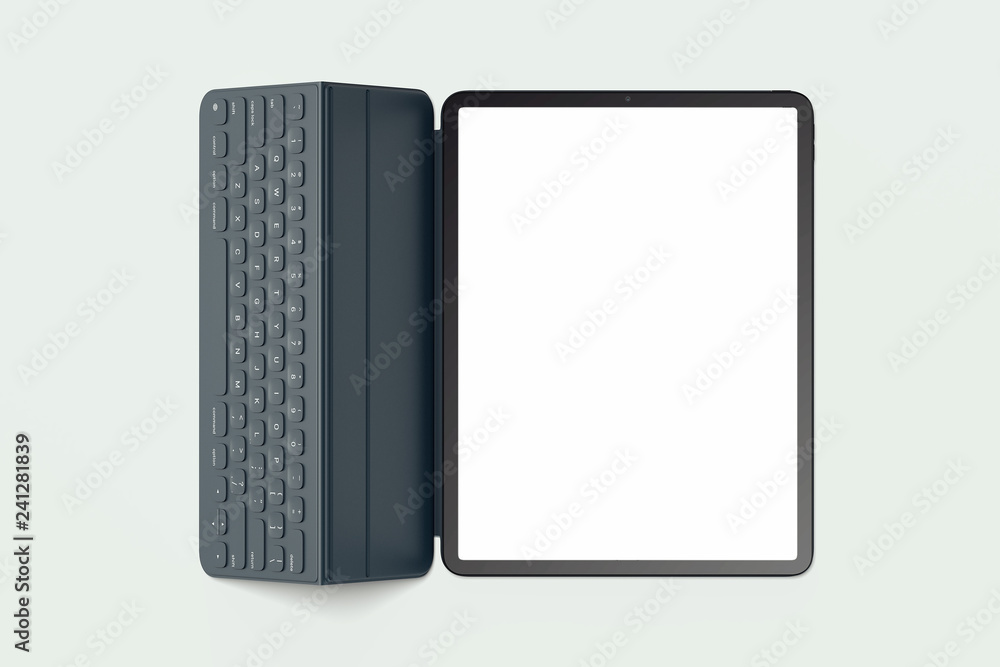 Poster modern laptop with keyword and blank screen on light background. 3d rendering.